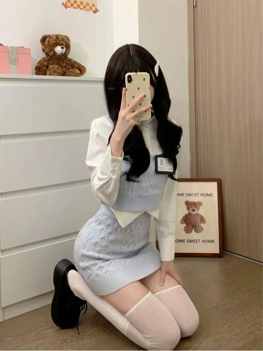 Japanese Fashion Suit Skirt Woman Sweet Crop Tops Slim Bodycon Mini Skirt Knitted Sweater 3 Piece Set Office Lady 2024 Autumn