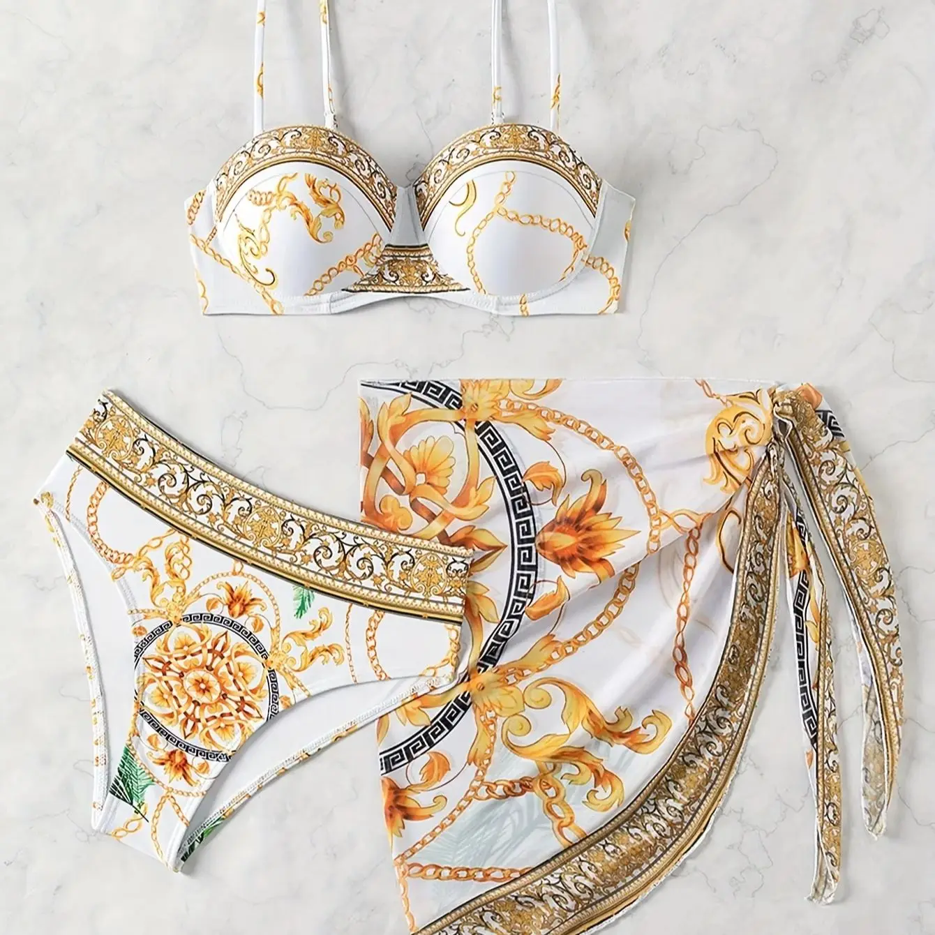 Summer Beach Vacation Chain Print Wrap Dress Bikini Swimwear Three-Piece Set for Women - Image 3