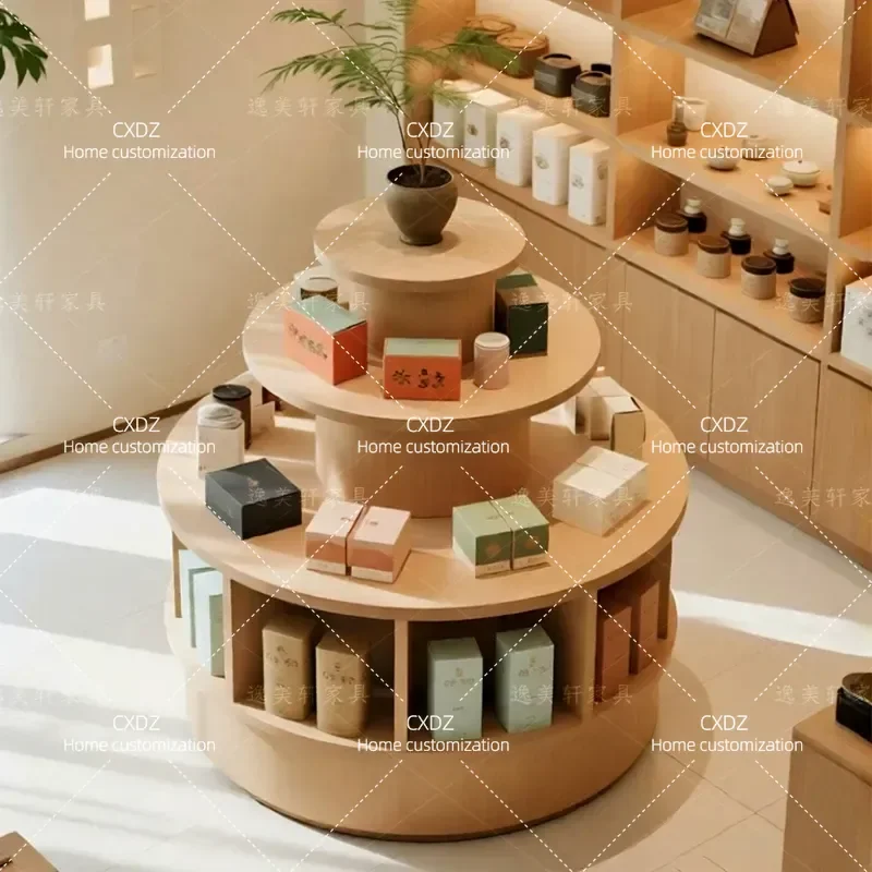 Customized solid wood round mid-island display stand cylindrical display case jewelry store commercial product display case