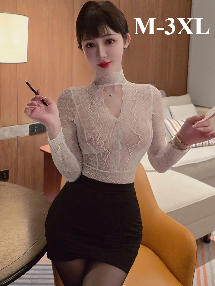 

Large Size Sexy Secretary Cosplay Lace Perspective Long Sleeve Skirt Set Night Club Office Lady Uniform Stage Performance Outfit