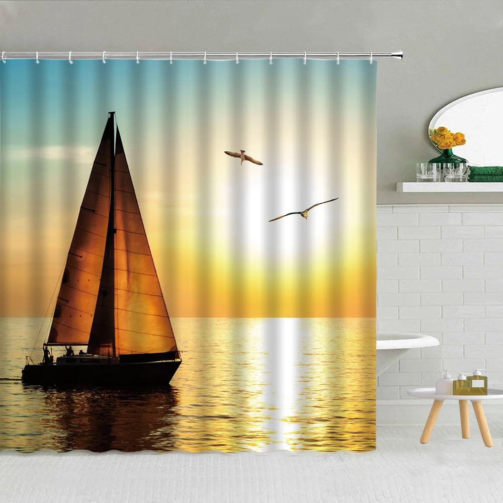 Dutch Windmill Seaside Dusk Scenery Shower Curtains Lighthouse Sea Waves Sailboat Bathroom Decor Waterproof Fabric Curtain Set