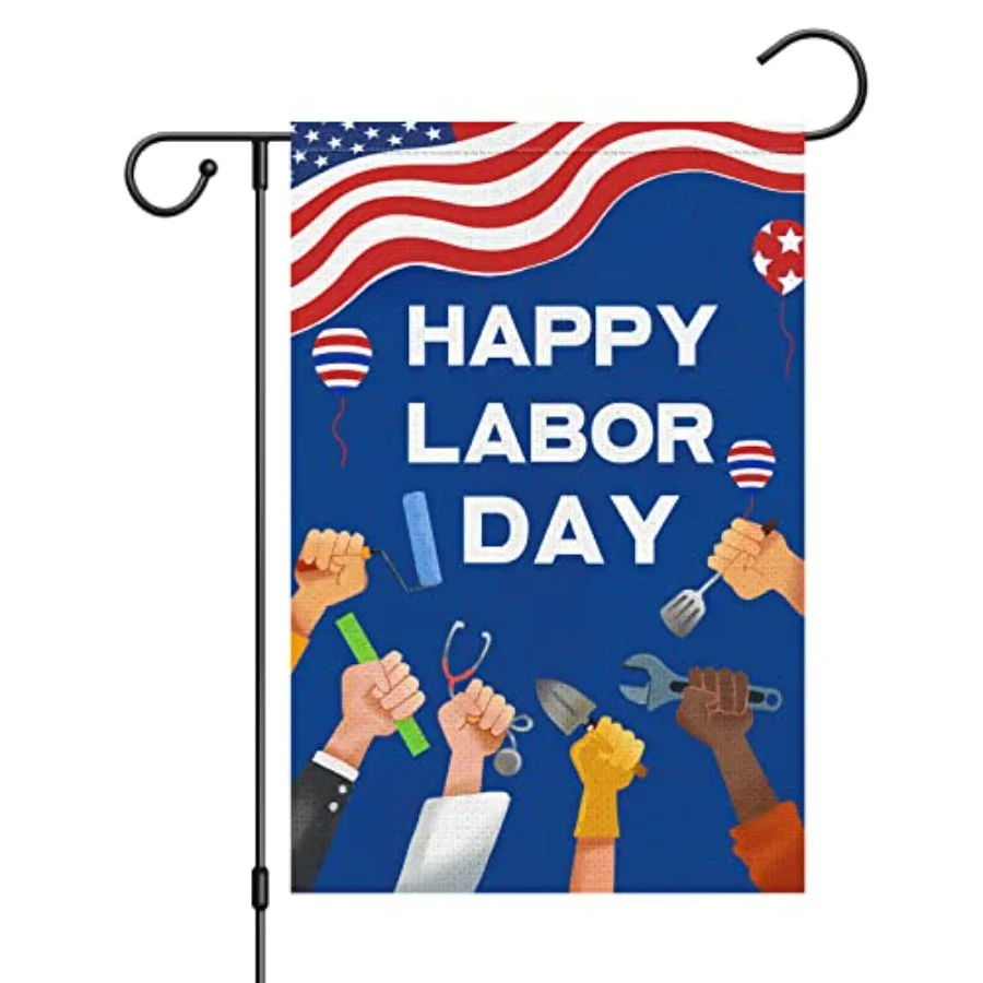 Happy Labor Day Garden Flag Working Tools Patriotic USA Flags 12 x 18 Double Sided Burlap Banner for Outdoor Outside Garden Far
