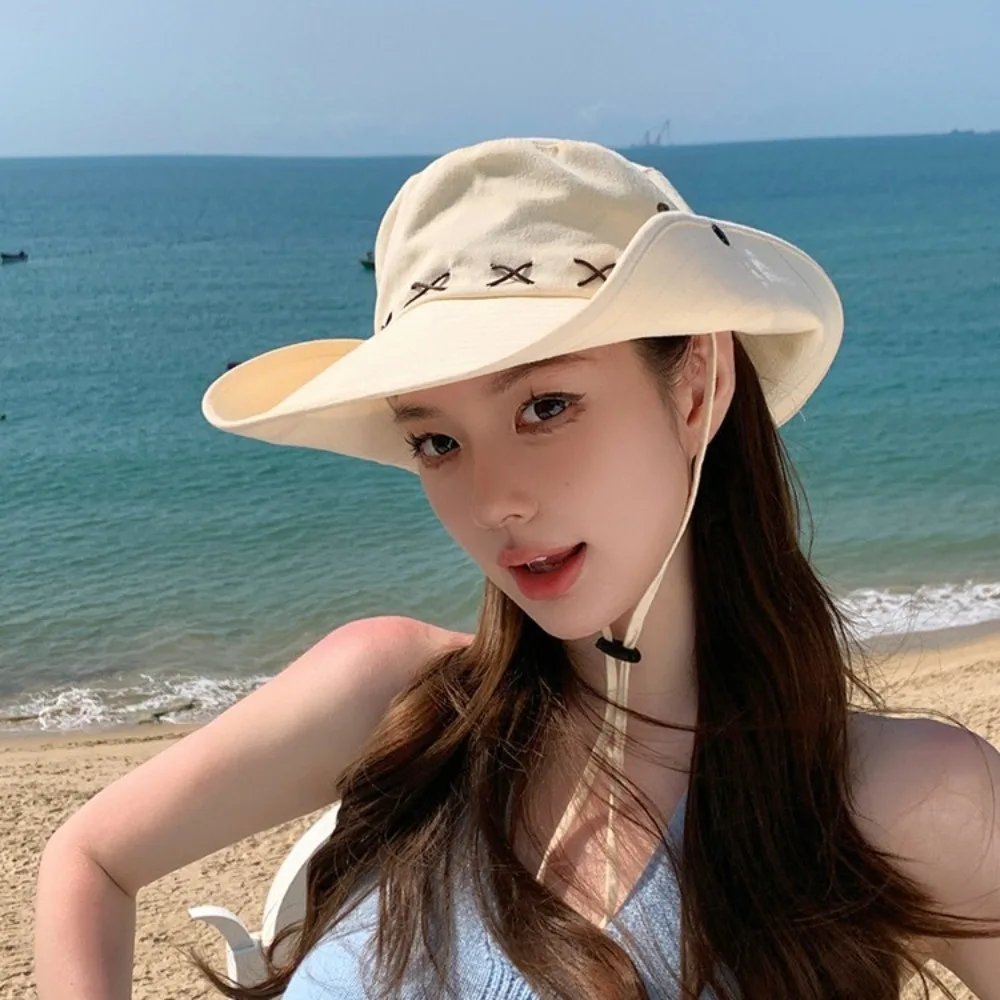 

Fashion Breathable Western Cowboy Hat Solid Color Adjustable Wide Brim Sun Hat Anti UV Climbing Fisherman Sunshade Cap Summer