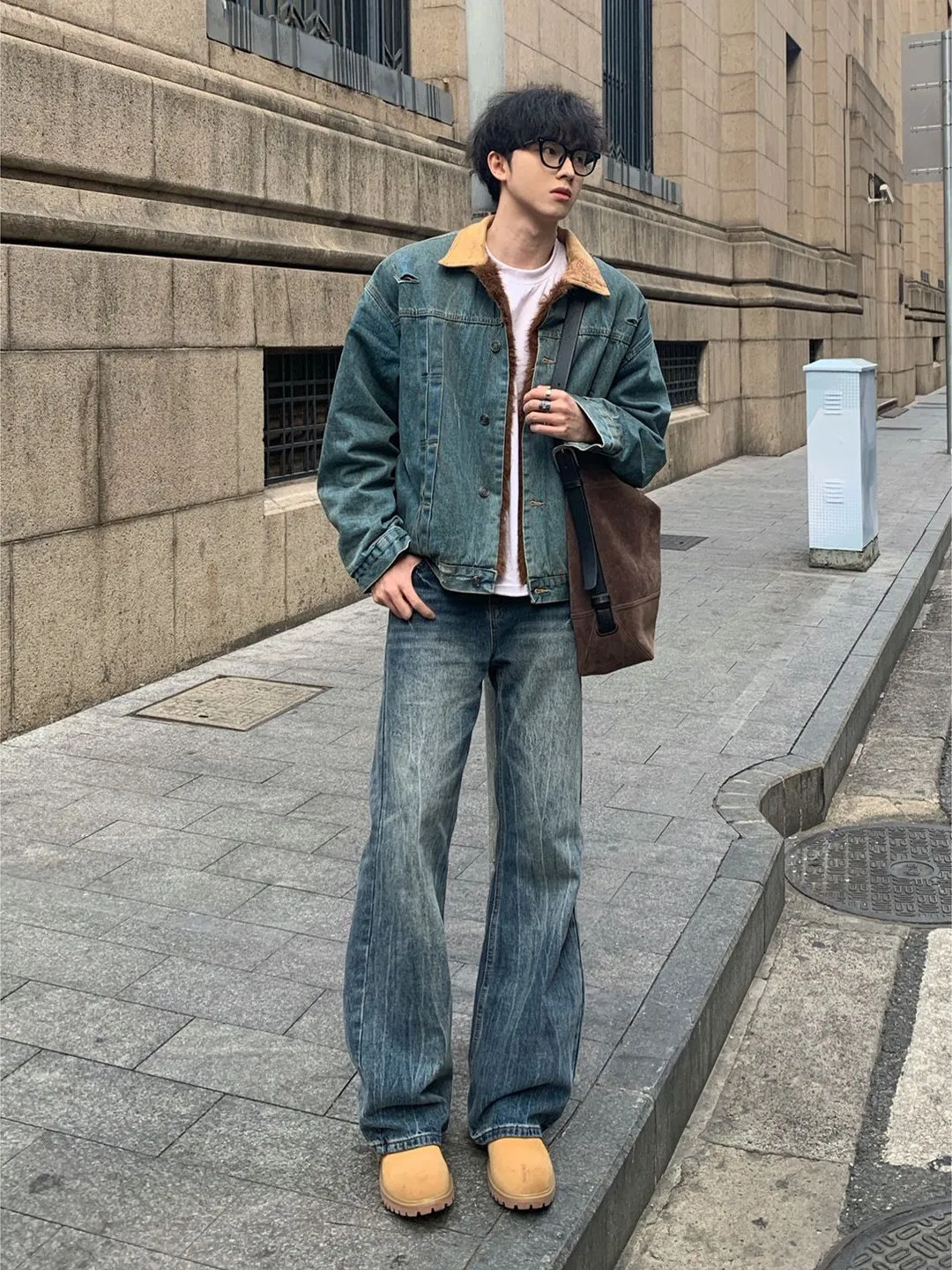 Blue Fce Lined Flared Jeans Men's Winter Straight Leg Knife American High Street Vibe Retro Sle mid Waist Zipper