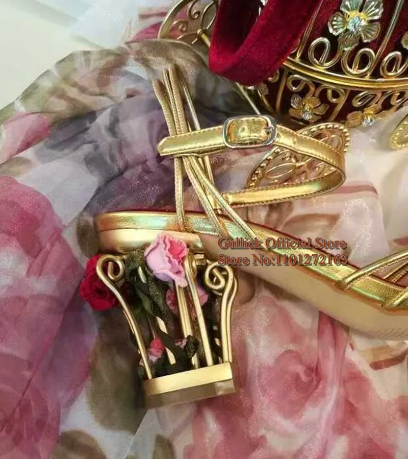 Zdjęcie 7: Luksusowe sandały damskie w kształcie klatki dla ptaków, złote metaliczne skórzane sandały na paskach, kwiatowe sandały z paskiem na kostce, buty na przyjęcie weselne dla panny młodej, obcas 8,5 cm