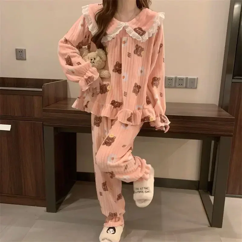 Ruffles Pajamas for Women Autumn Winter Peter Pan Collar Ruffle Sleeve Pajama Top and Elastice Waist Pants 2 Pcs Pajama Sets