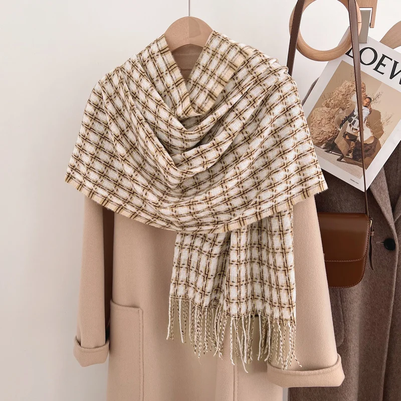 

Новый маленький клетчатый шарф с кисточками, женский зимний зимний корейский вариант, модный универсальный утолщенный теплый вязаный шарф с узором «гусиные лапки»