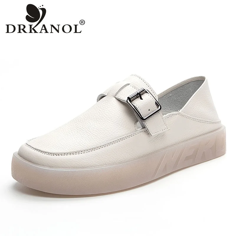 DRKANOL 2026 Spring Summer Slip On Loafers Women Round Toe Hollow Out Breathable Genuine Cow Leather Shallow Casual Flat Shoes