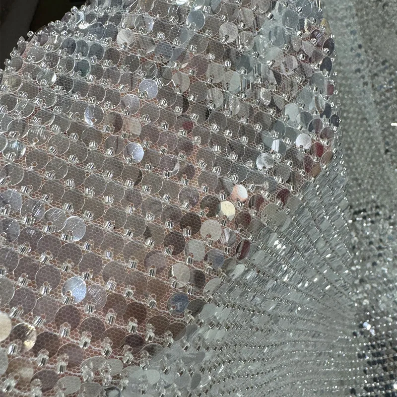 

Transparent Crystal Piece Bead Tube Embroidered Fabric for Evening Gown Wedding Dress Designer Cloth Diy Meter Sewing Material