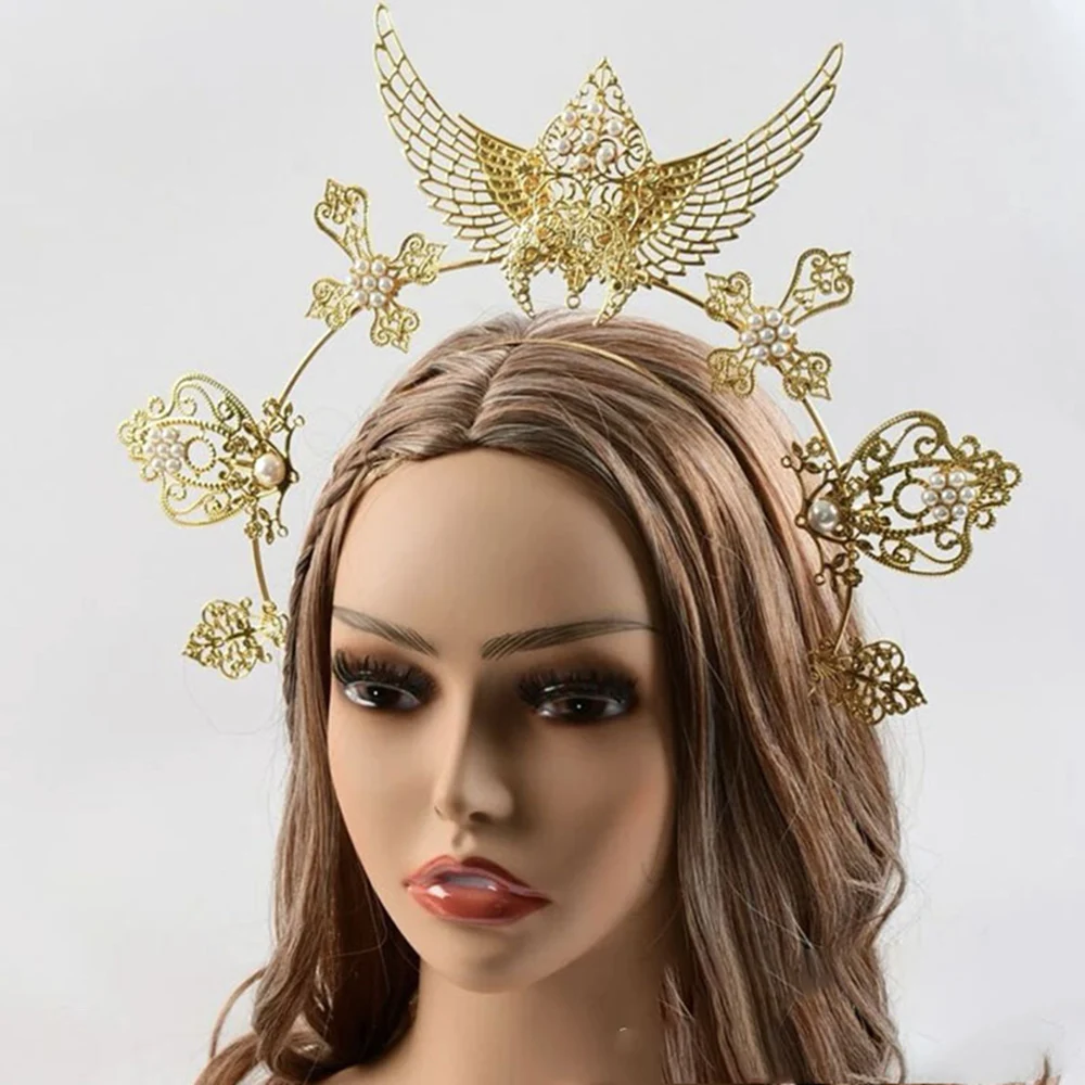 Moon Goddess Halo Crown Headband with Rhinestone, Metal Sunburst Costume Cosplay Masquerade Party Headpiece for Women