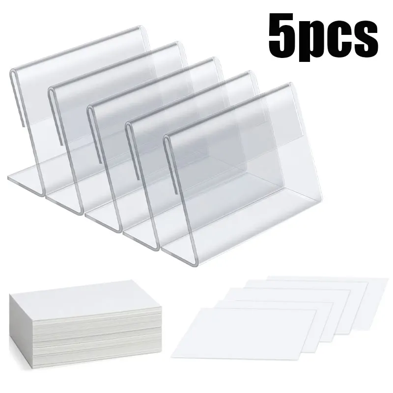 5pcs Mini Transparent Sign Display Stand with 5pcs Blank Labels, 9*6cm Slanted L Shape Plastic Business Card Price Tag Holder