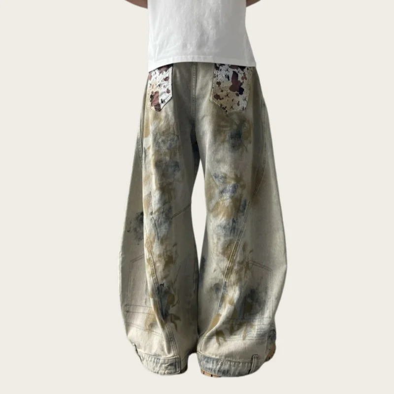 2026 American Retro Y2K Style Tie Dye Washed Baggy Jeans Pants For Men Clothing Wide Leg Cotton Long Trousers Pantalon Hombre