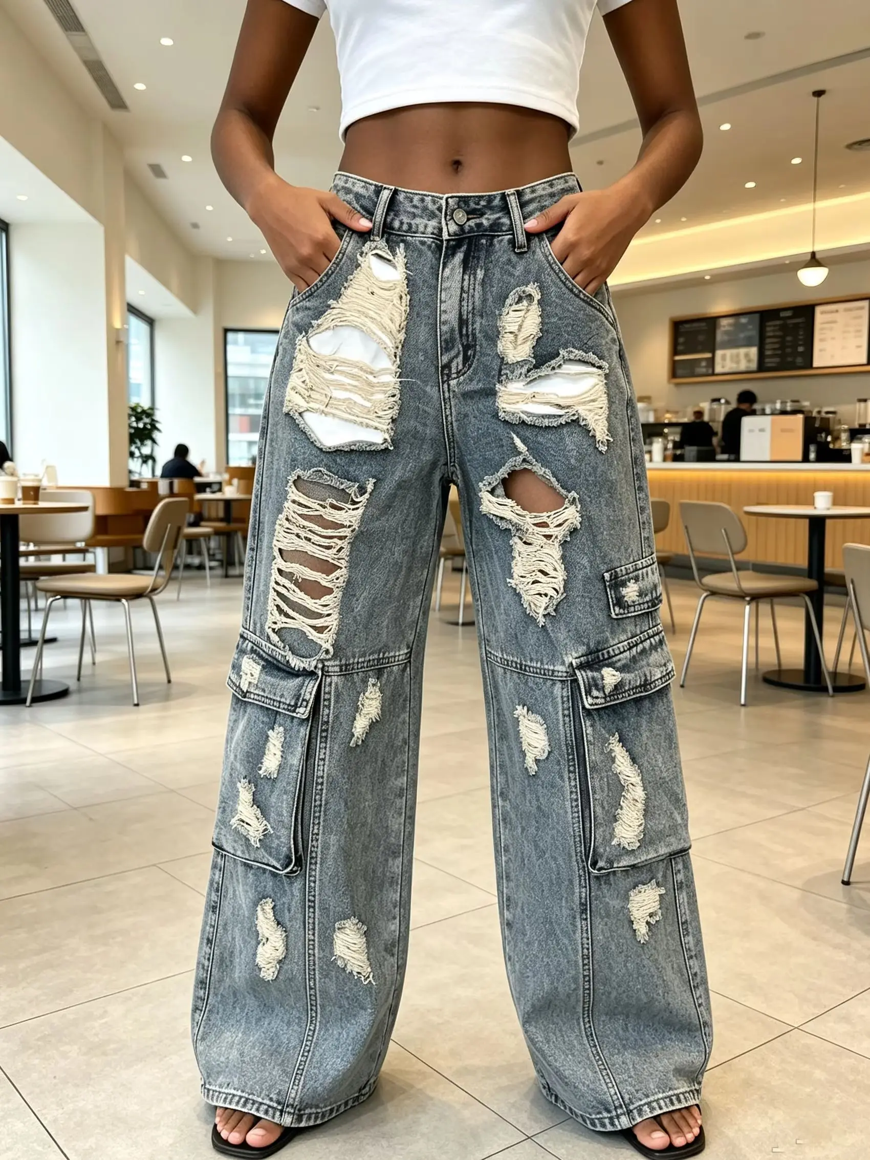 Women Spring Autumn Black Gray High Waist Wide Leg Jeans Big Ripped Fringe Design Loose Drapey Versatile Long Pants