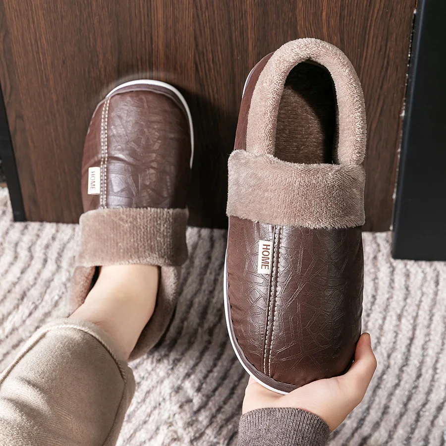 Winter-Herrenhausschuhe mit PU-Obermaterial, wasserdicht und kältebeständig, TPR-Sohle, warme Memory-Schaum-Einlage, rutschfeste, weiche Polsterung, Indoor-Schuhe. – Detail 10