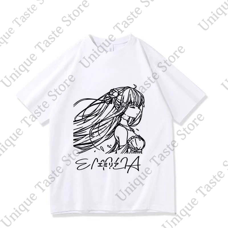‌Re ZERO Starting Life In Another World T Shirt New Emiria Hand Drawn Cartoon Print T-shirt Cotton Summer Short Sleeve Tee Tops