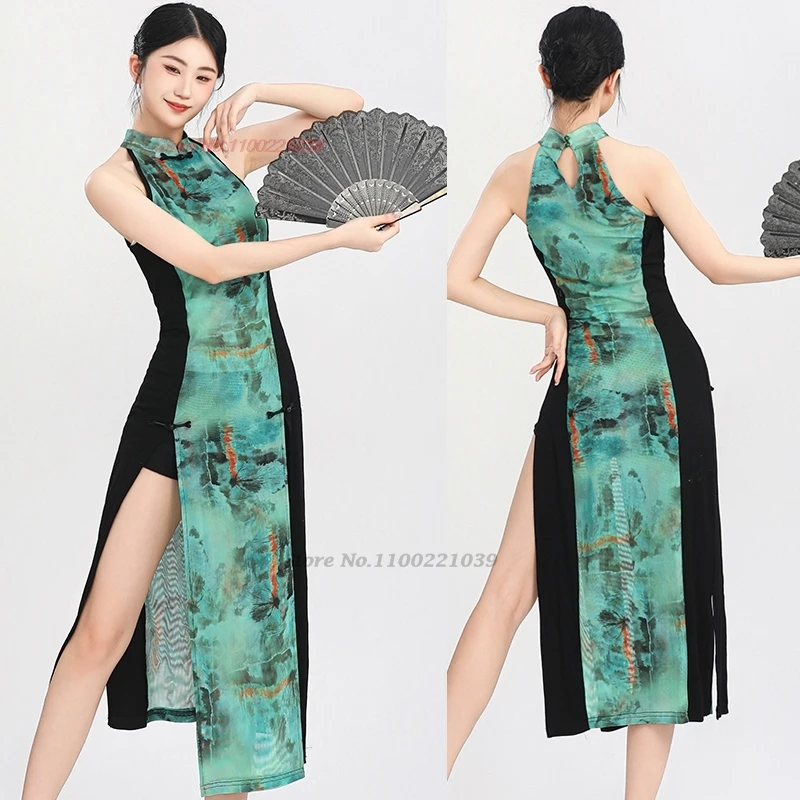 

2025 chinese dance costume flower print patchwork mesh cheongsam dress retro training exercise stage performance folk dress