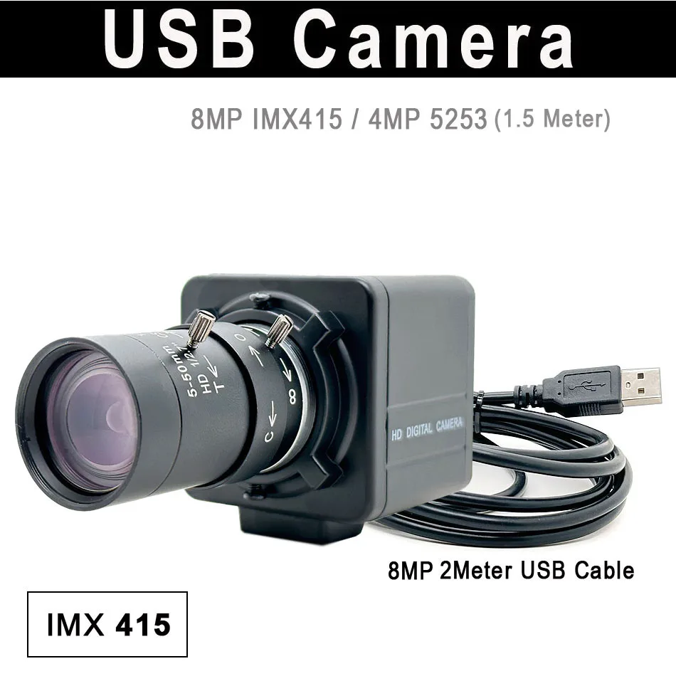 8MP IMX415 sensor Metal Industrial BOX USB Camera or 2K 4MP USB Webcam 5-50mm Varifocal Zoom Lens for 3D printing , Hosting