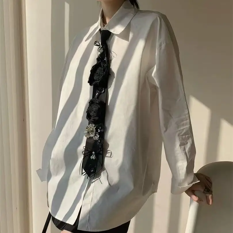 Luxury Diamonds Tie Cotton Blouses Shirts for Women 2026 Spring Summer Autumn Trend Long Sleeve Black White Top Woman Clothes image 4