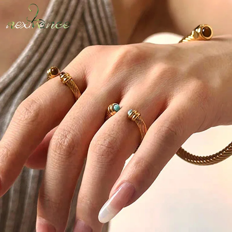 Nextvance Vintage C-shaped Twisty Ring 14K For Women Gold Plated Stainless Steel Inlay Natural Stone Metal Texture Jewelry Gifts