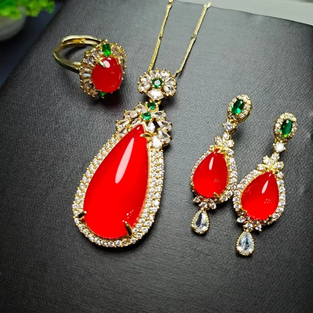 

Natural Red Jade Water Drop Pendant Women Necklace With Zircon Emerald Carnelian Dangle Earrings and Rings Jades Jewellery Sets