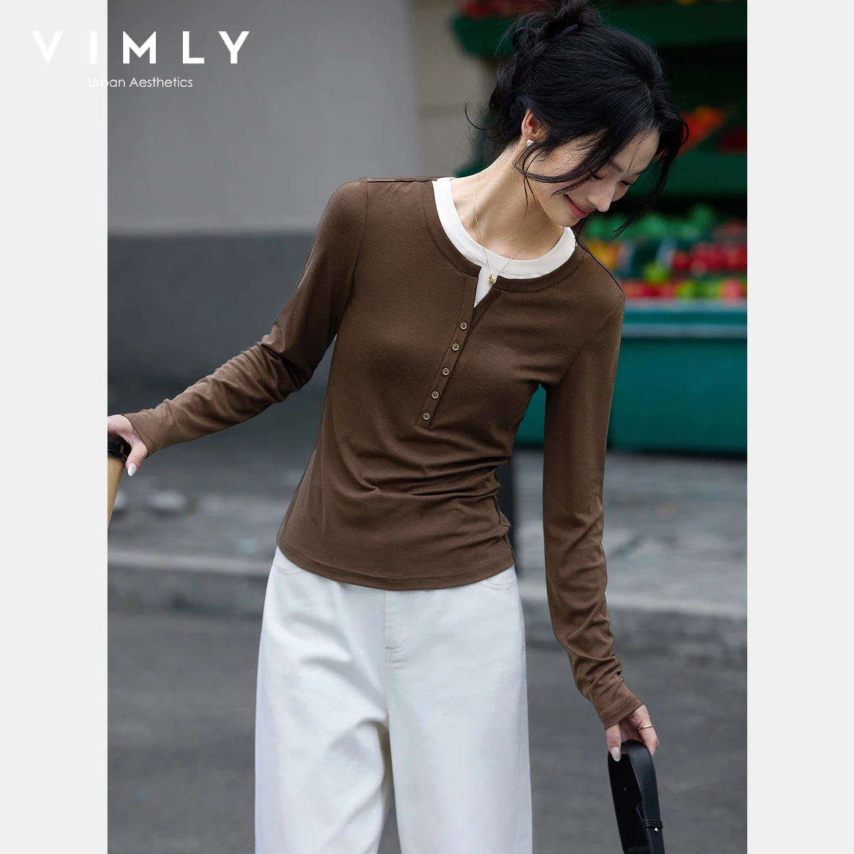 VIMLY Patchworkowe Koszulki 2 w 1 Jesień 2025 Codzienne Łączone Dopasowane Dzianinowe Bluzki z Długim Rękawem Okrągły Dekolt Elastyczne Damskie T-shirty A2173