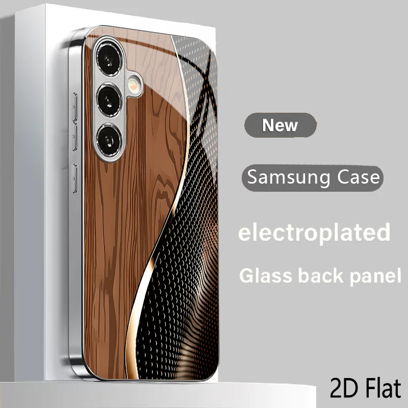 Multicolor Wood Grain Golden Arc Ornament Pattern Electroplated Glass Phone Case for Samsung Galaxy S26 S25 S24 S23 S22 S21 FE/P