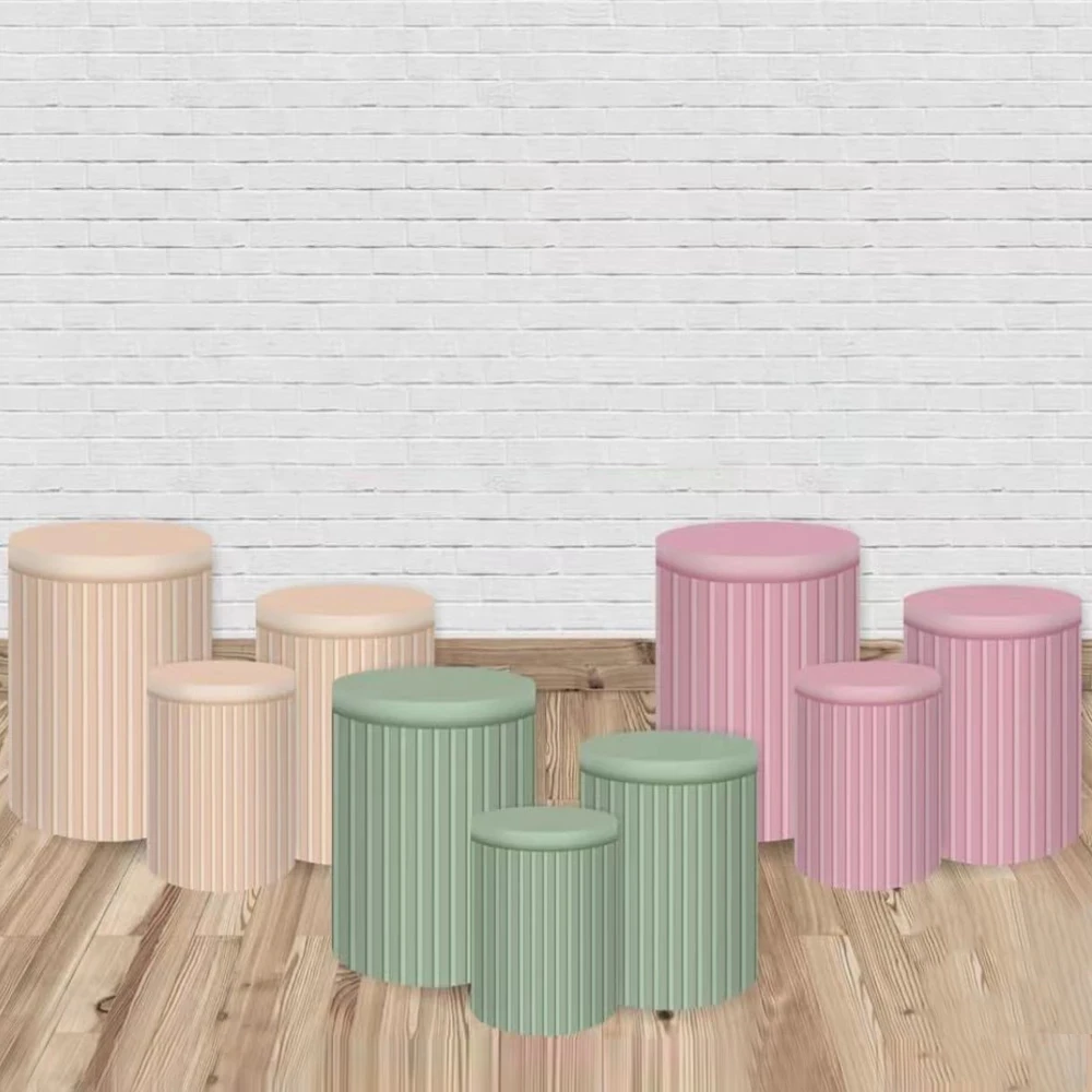 Custom Slatted Stripes Cylinder Column Covers Table Pedestal Cover Party Decoration Fabric Print Pink Blue Grey