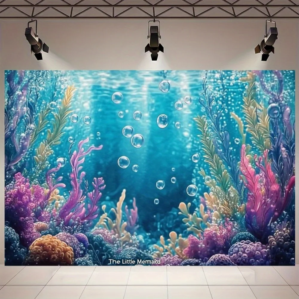 2D Flat, 1pc Enchanting Mermaid Theme Fabric Banner - Vibrant Underwater Scene with Coral Reefs, Tropical Foliage & Bubbles