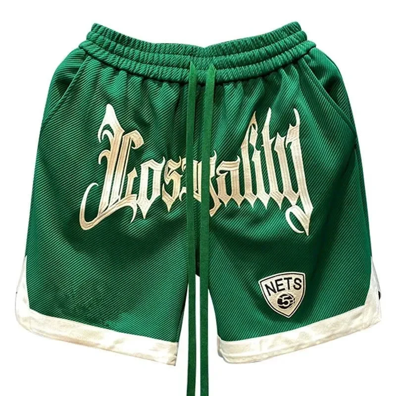 Calça solta de basquete americana, shorts esportivos finos, calça de cinco pontos, marca de moda hip-hop de rua bordada, verão