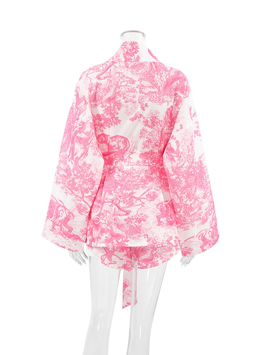 Marthaqiqi Casual Women Sleepwear Set Long Sleeve Pajamas Lace Up Nightwear Sexy V-Neck Nightgowns Shorts new Loose Home Clothes