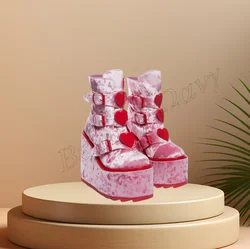 Pink Flock Ankle Boots Platform Heart Decor Strange Style Shoes Wedges High Heel Shoes for Women Shoes 2024 Zapatos Para Mujere