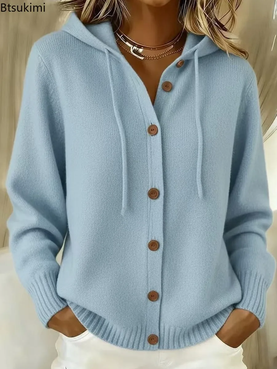 Damen Strickjacke mit Kapuze, Langarm, Locker Geschnitten, Warmer Strickmantel, Herbst-Winter Freizeitjacke, Einfarbiger Pullover-Mantel für den Alltag