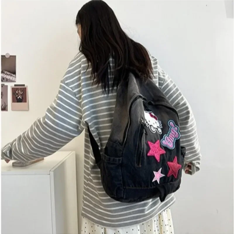 Hello Kitty New Student School Bag Fashionable High Quality Denim Backpack Cartoon Personalized Large Capacity Women\'s Backpack