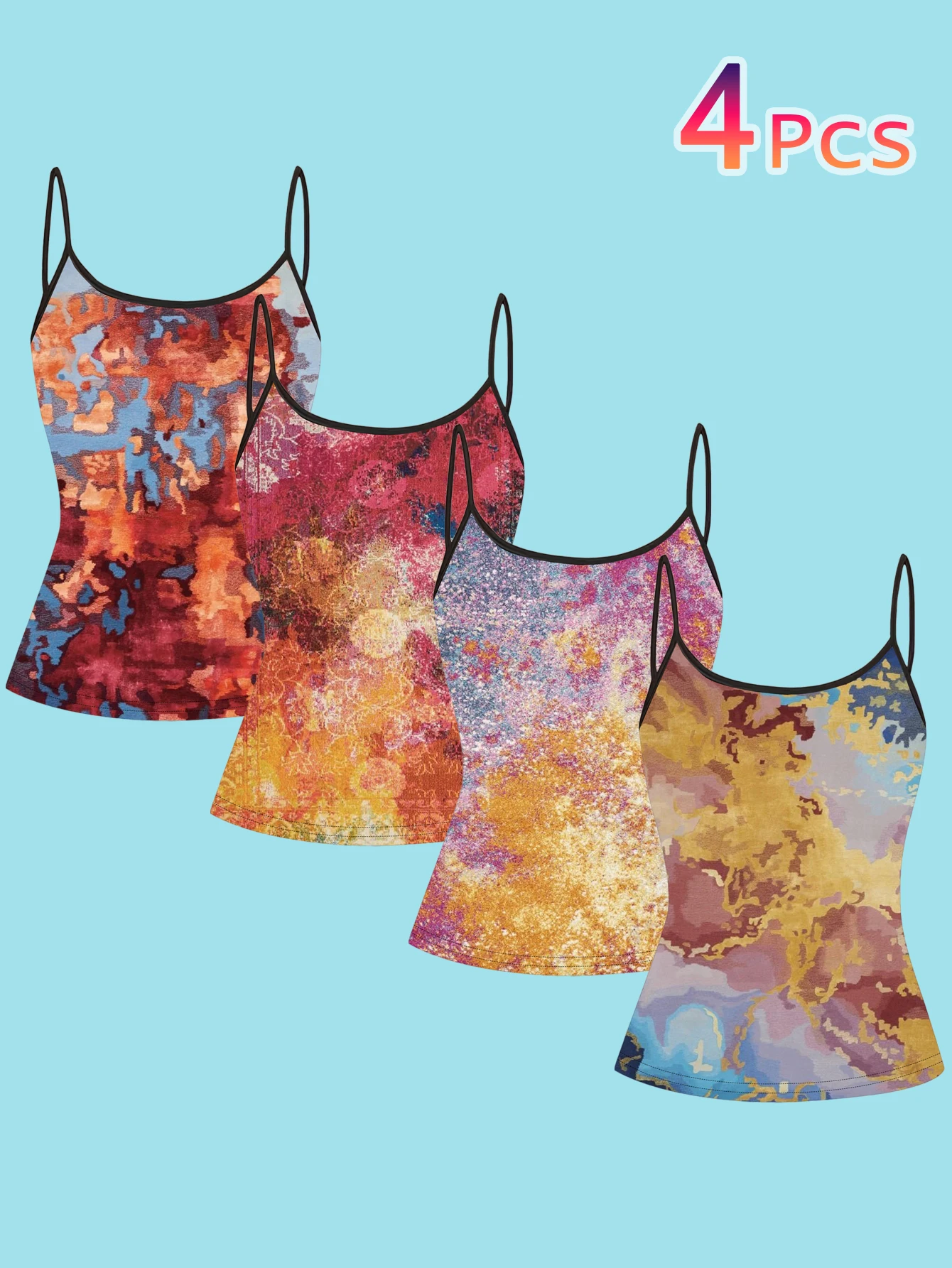 4-Piece Set of Gold-Gilt Abstract Oil Painting Print Spaghetti Strap Camisole Tops for Women, with a Unique Artistic Feel, Slim Fit, Can Be Worn as an Inner Layer or Outerwear