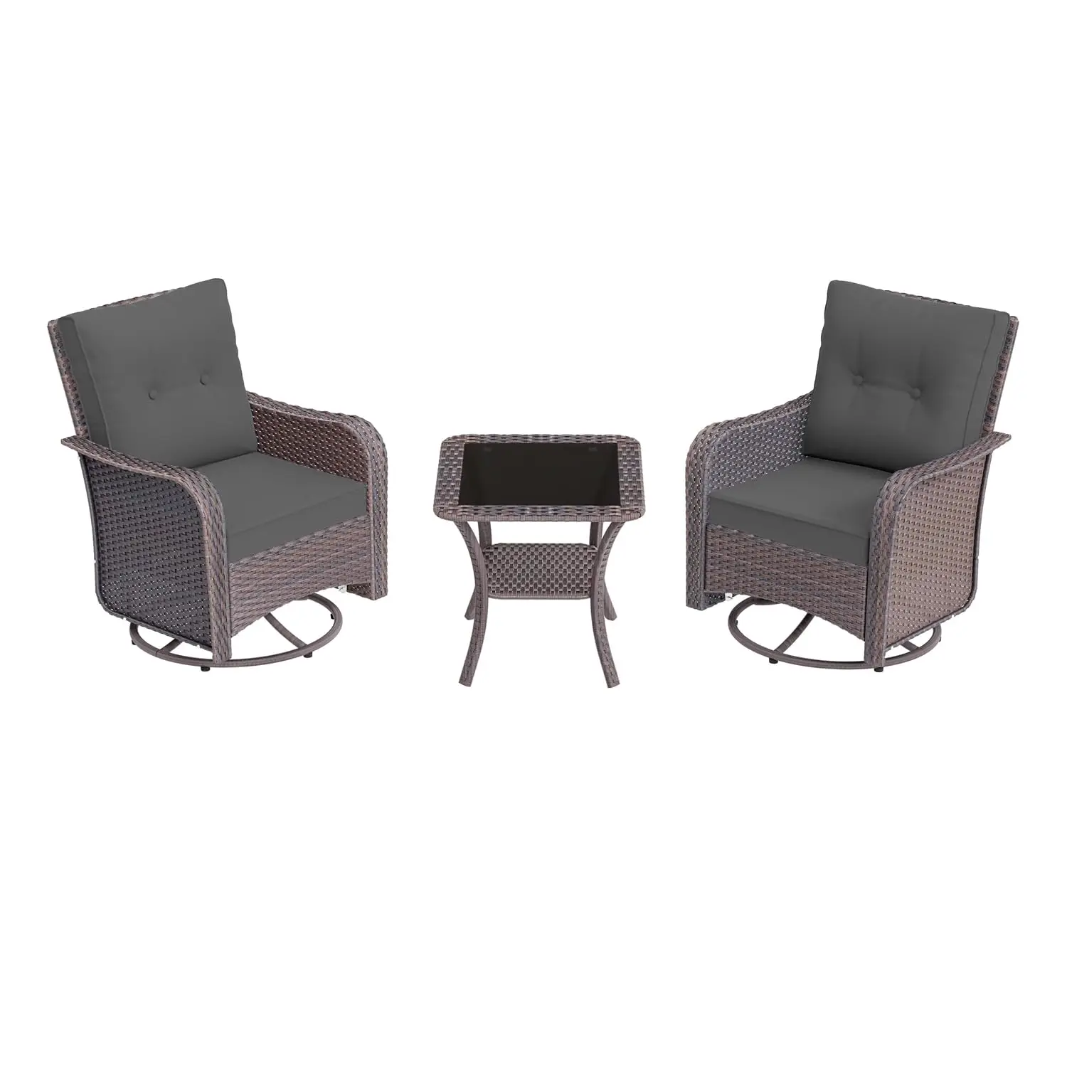 3-Piece Wicker Swivel Rocking Patio Furniture Set with Glass Top Coffee Table for Lawn & Garden, Customized