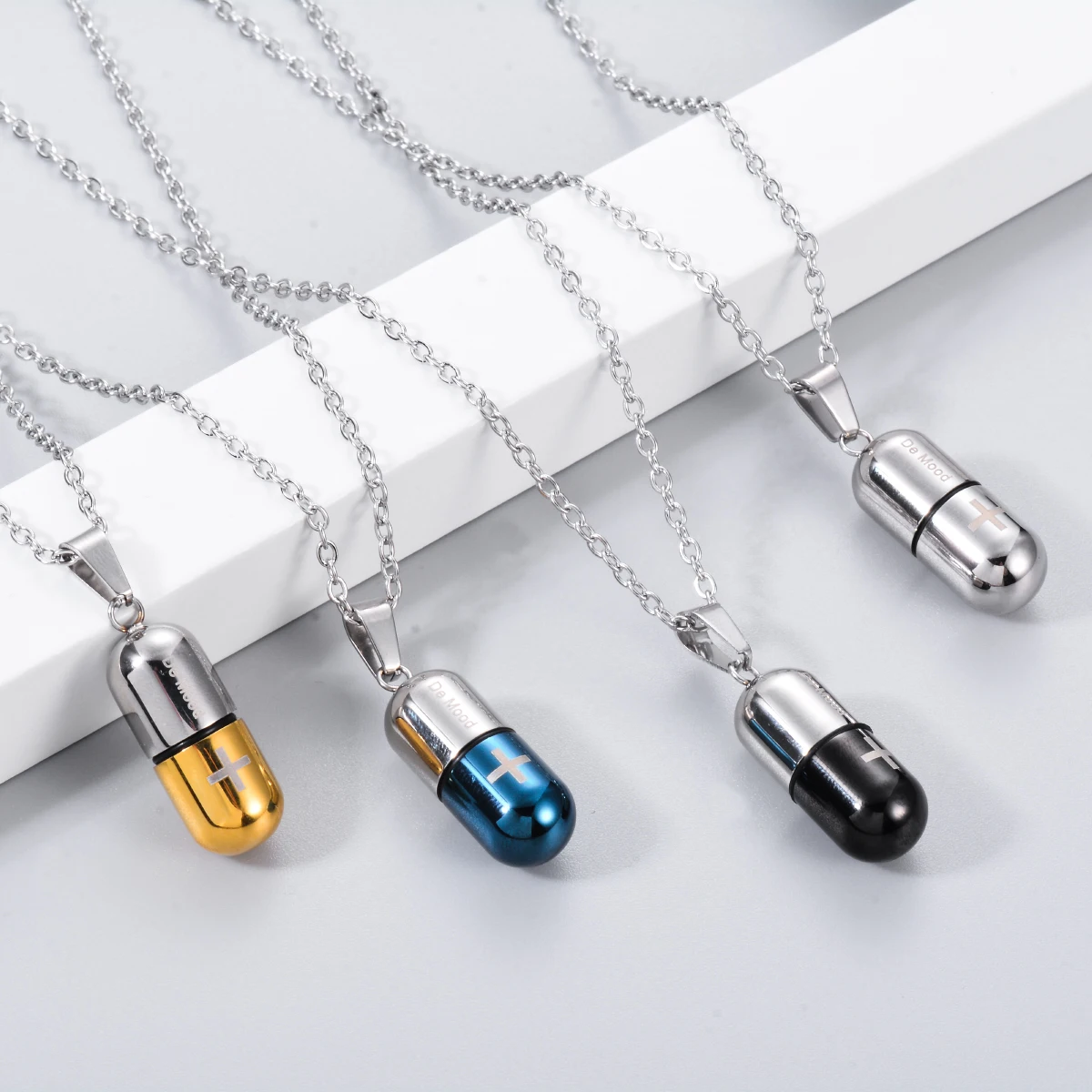 Fashion Pill Case Capsule Pendant Necklace Stainless Steel Mens