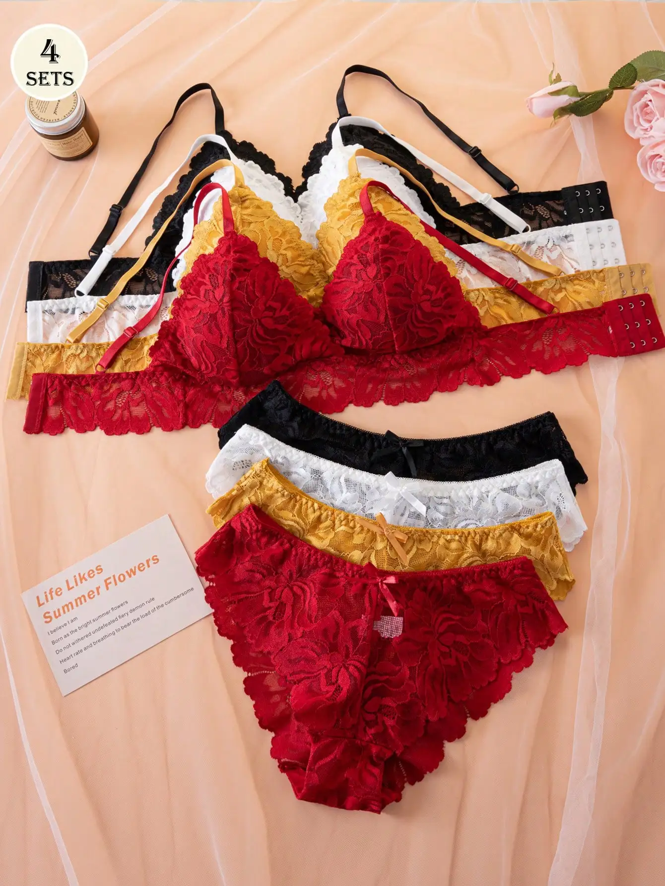 

4 Sets Women's Lace Wireless Bralette & Panty Set, Floral Embroidery Push Up Lingerie for Everyday or Special Occasions