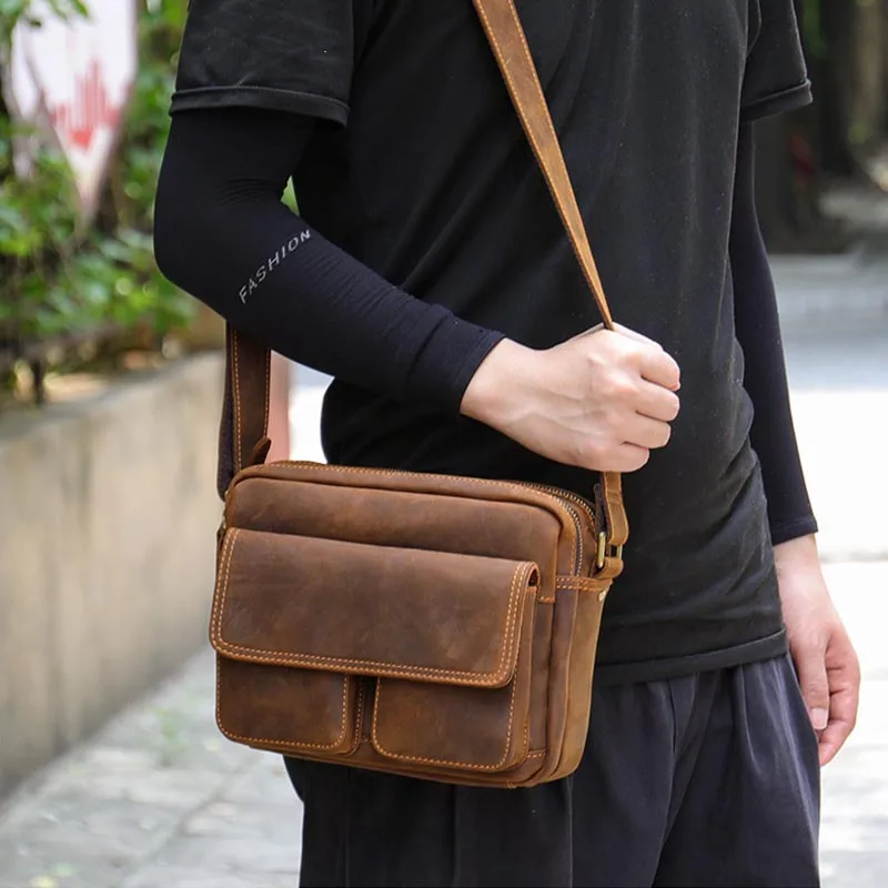 Genuine Leather Men's Vintage Messenger Bag Thick Cow Leather Shoulder Bag Small Casual Crossbody Sling Bag Cowhide Briefcase