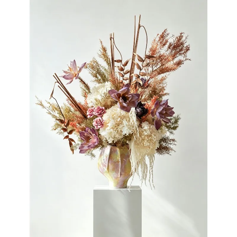 French Style Lotus Hydrangea Drop Flower Bouquet Luxury Floor Floral Decor for Entryway Living Room