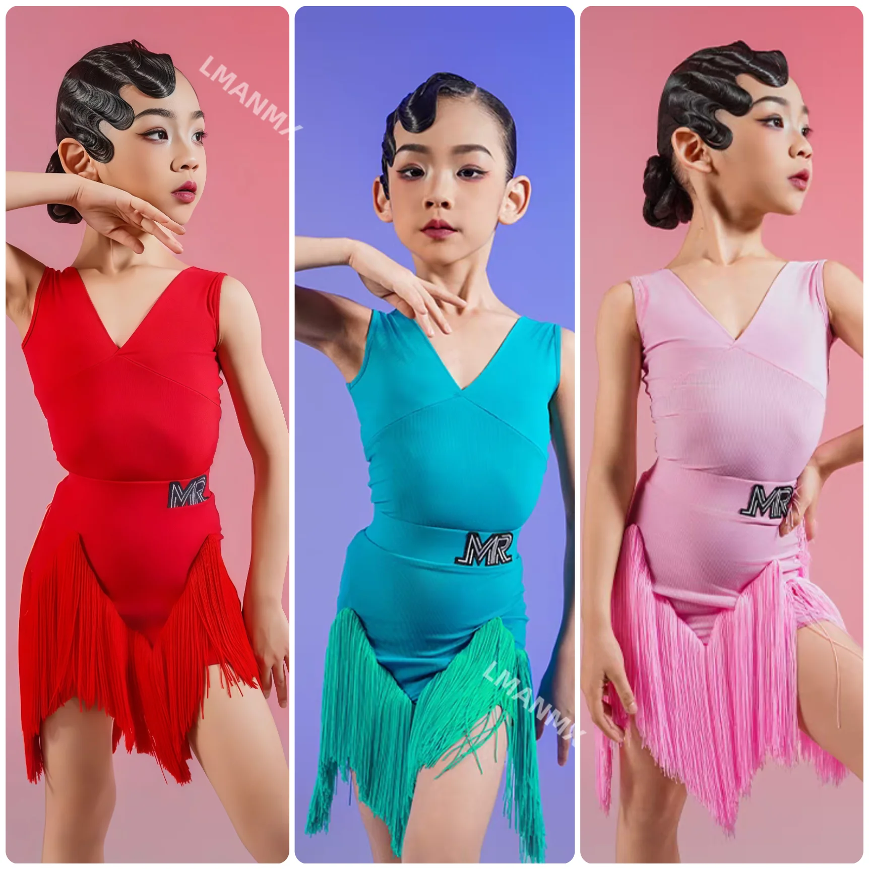 2025 verão nova menina vestido de dança latina sem mangas com decote em v borla tri cor emenda prática vestido