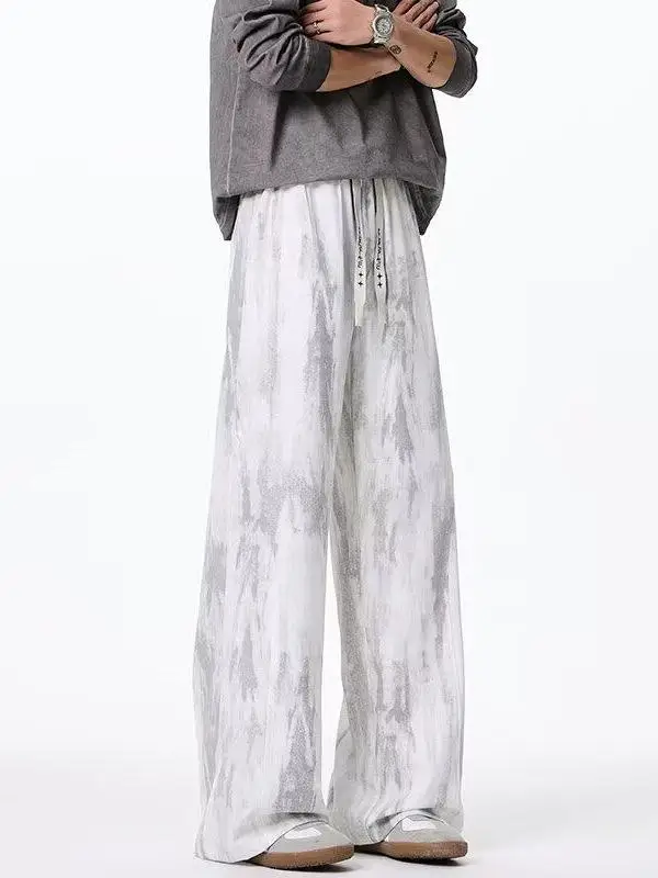 

Американские прямые брюки из окрашенного шелка для лета, мужские, широкие, из ледяного шелка, повседневные, свободного кроя, модные