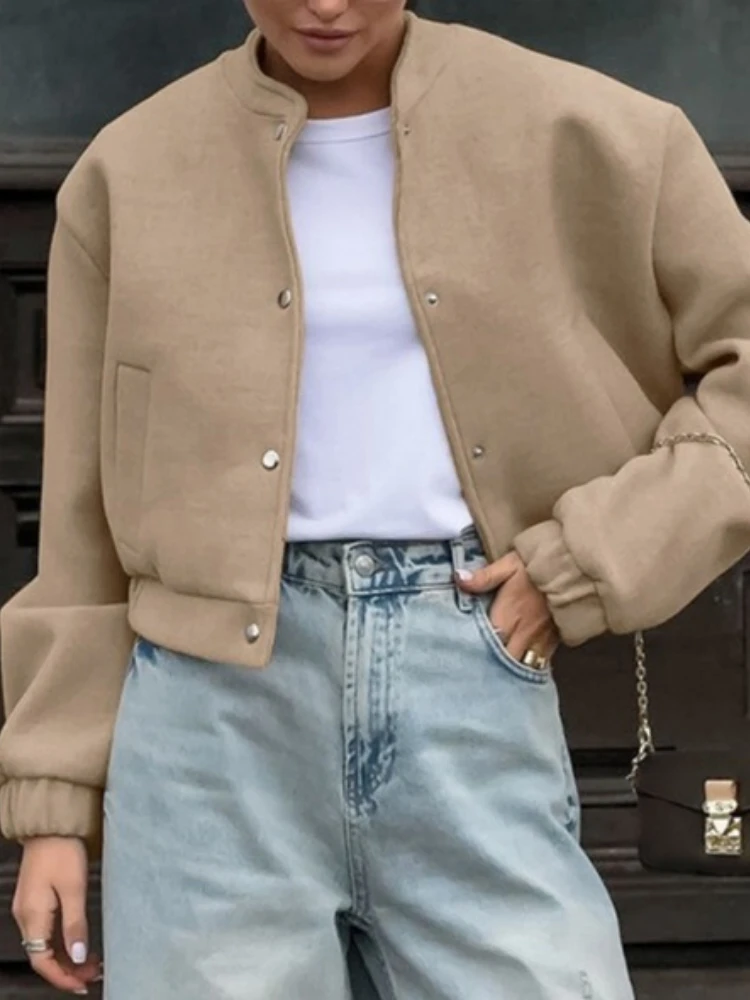 European American Autumn Winter Flight Jacket Fashion Khaki Thick Small Stand-up Collar Woolen Jacket Commuter  Women's Clothing