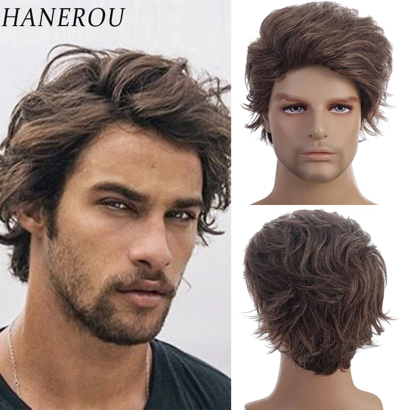 

HANEROU Men Short Synthetic Wig Natural Puffty Straight Pixie Cut Brown Hair for Daily Party Cosplay