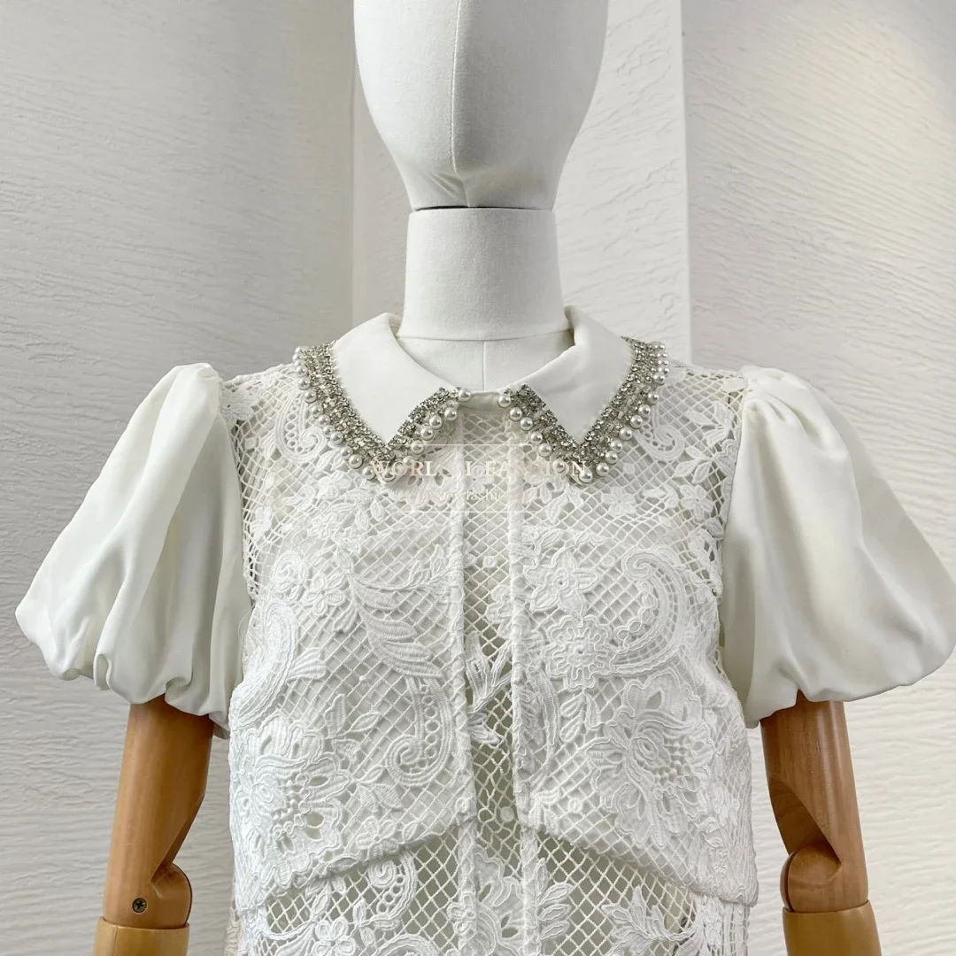 

White Short Sleeve Lace Patchwork Diamonds Blouse Tops