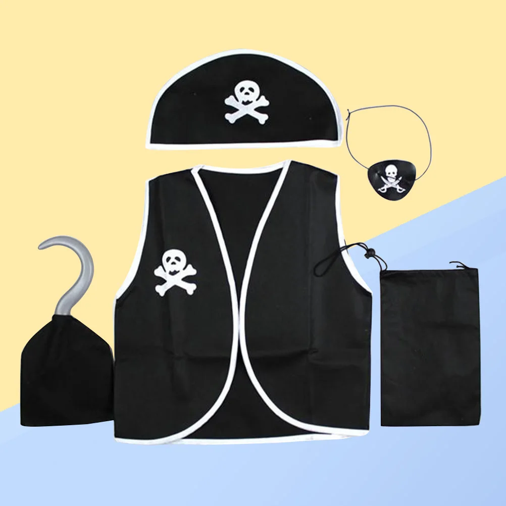 

5Pcs Pirate Costume Complete Set Kid Halloween Pretend Play Pirate Cosplay Suit Vest Hat Blinder Bag Halloween Costume