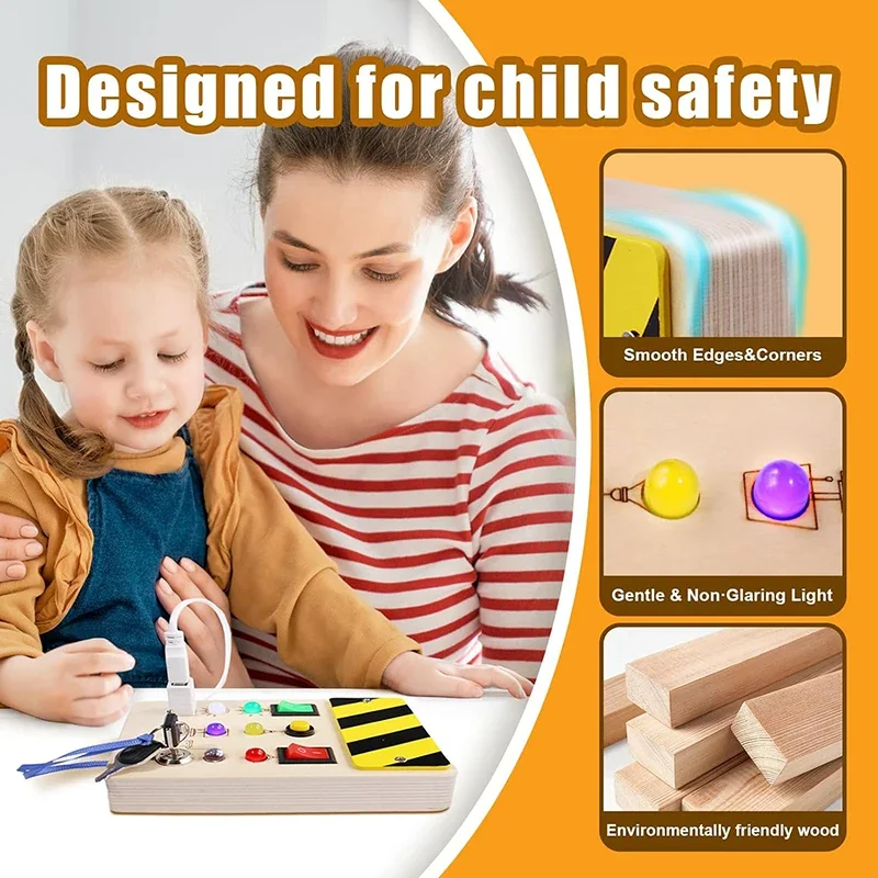 Tablica Montessori z Przełącznikami Świetlnymi LED, Tablica Sterująca, Zabawki Sensoryczne, Drewniana Tablica, Gry dla Dzieci, Puzzle dla Dzieci, Prezenty
