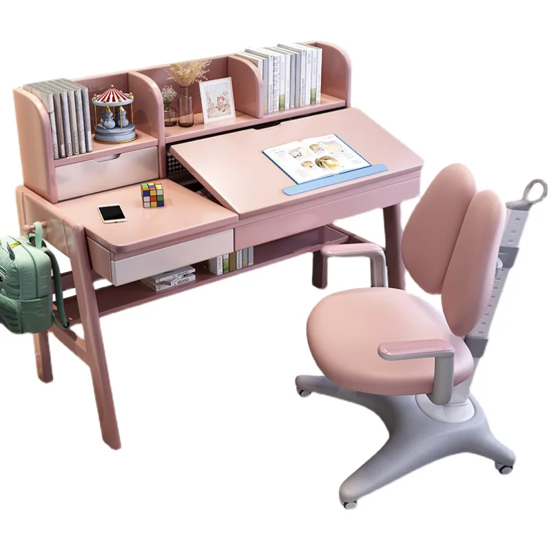 Children's learning desk and chair set can be lifted to write solid wood desk for primary school students at home.