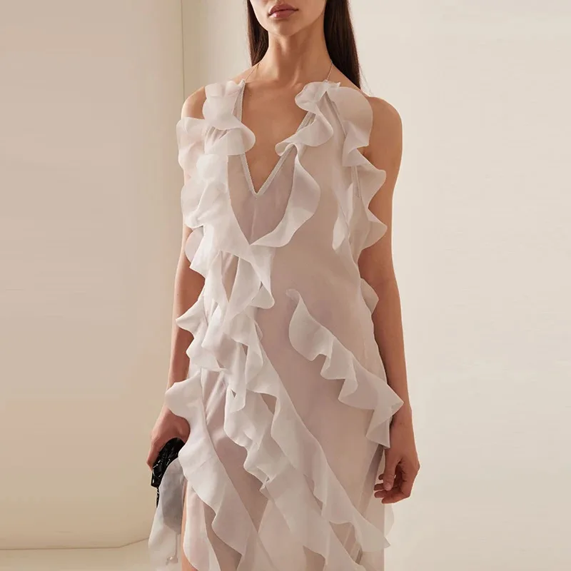 Bonny 2025 diepe V halter feestjurk - mouwloze pure chiffon ruches hoge split club nacht sexy avondjurk high street fashi