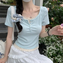 T-shirts for Women Patchwork Button Sweet Short Sleeve Fitting Aesthetic Designed Schoolgirls Fake Two Pieces All-match Ulzzang