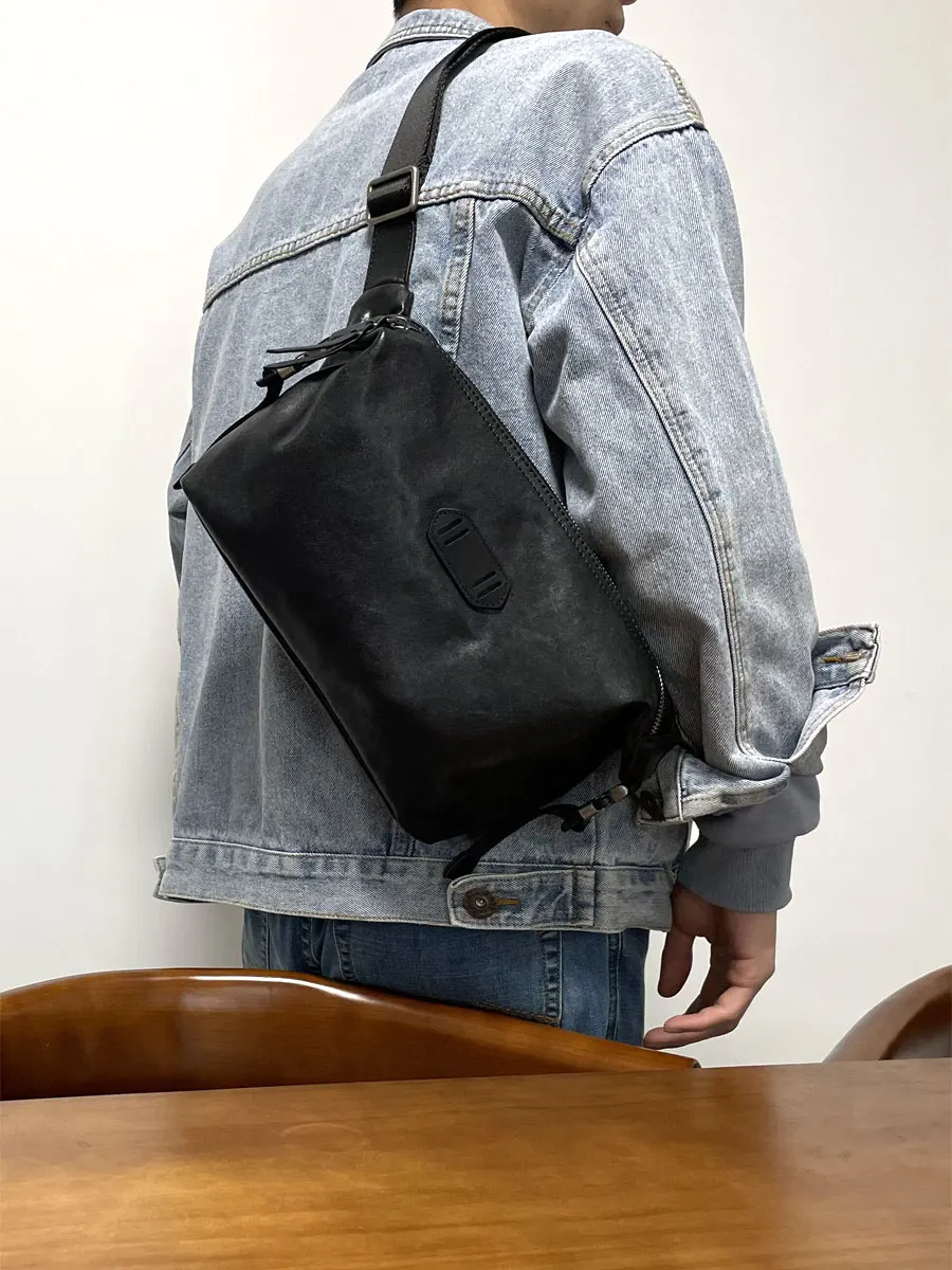 

Мужская нагрудная сумка из воловьей кожи растительного дубления на открытом воздухе, повседневная черная сумка через плечо из натуральной кожи ручной работы